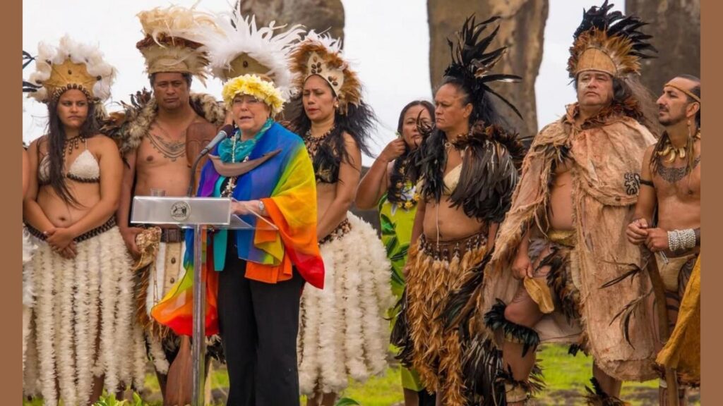 Social Structure in rapa nui - easter island Rapa Nui community members wearing traditional feathered attire during a cultural ceremony on Easter Island.