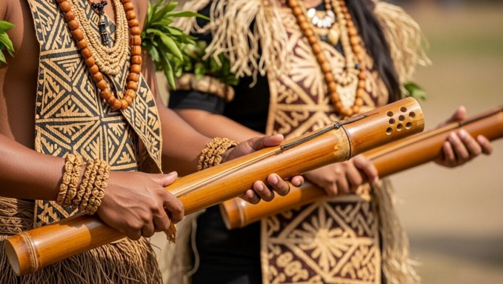 The Derua is a traditional bamboo percussion instrument made from hollow tubes of varying lengths - Fiji Traditional Songs The Derua is a traditional bamboo percussion instrument made from hollow tubes of varying lengths
