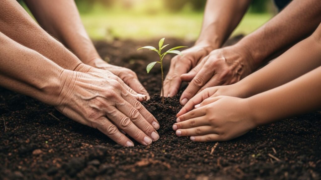 The Heart of Hawaiian Resilience - ohana meaning Generations joining hands to plant a young tree, symbolizing growth, unity, and Ohana around the world