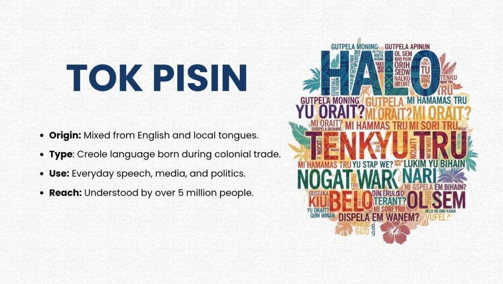 Infographic about Tok Pisin, a Creole language of Papua New Guinea mixed from English and local tongues, showing its origin, use, and reach.