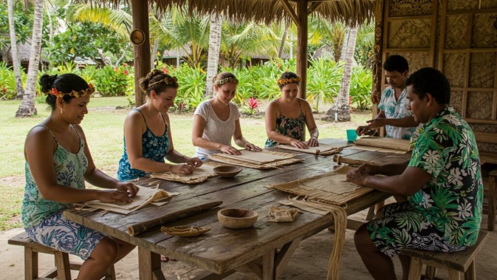 Visitors can try simple tapa cloth-making techniques themselves under the guidance of local makers in the Fiji village