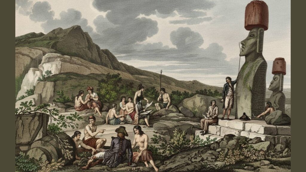 jacob roggeveen rapa nui - easter island Historical illustration depicting early European contact with the Rapa Nui people near moai statues on Easter Island in the 18th century.