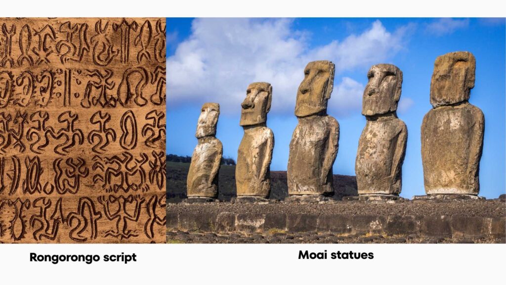 rapa nui arts - easter island Close-up of Rongorongo glyphs carved on wooden tablets & Row of moai statues standing on stone platforms (ahu)
