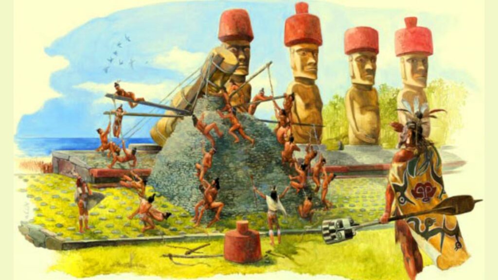 rapa nui building a Unique Culture - easter island Illustration of ancient Rapa Nui people constructing moai statues on Easter Island using ropes and stone platforms (ahu).