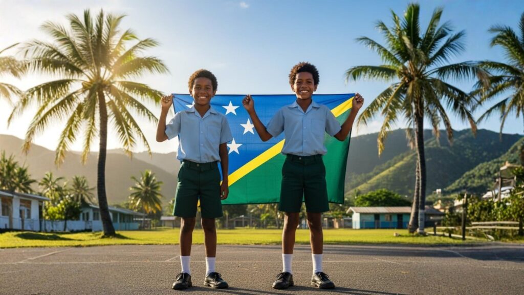 solomon islands flag raising - solomon islands flag wo Solomon Islands schoolchildren proudly holding their national flag in a tropical setting.