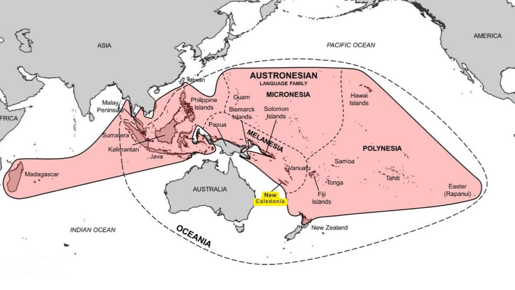 Map of the Austronesian language family across the Pacific and Indian Oceans highlighting New Caledonia in the Melanesian region.
