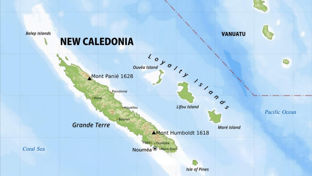 Detailed map of New Caledonia showing Grande Terre, the Loyalty Islands, Isle of Pines, and nearby Vanuatu in the Pacific Ocean.