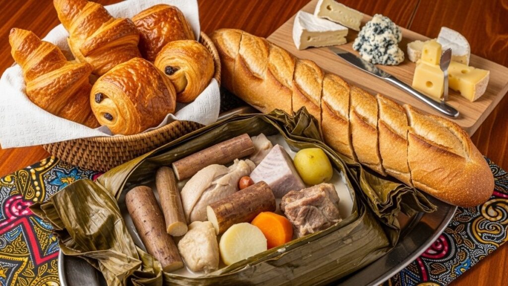 Traditional Kanak bougna of meat and root vegetables wrapped in banana leaves served with French baguettes, croissants, and cheeses in New Caledonia.