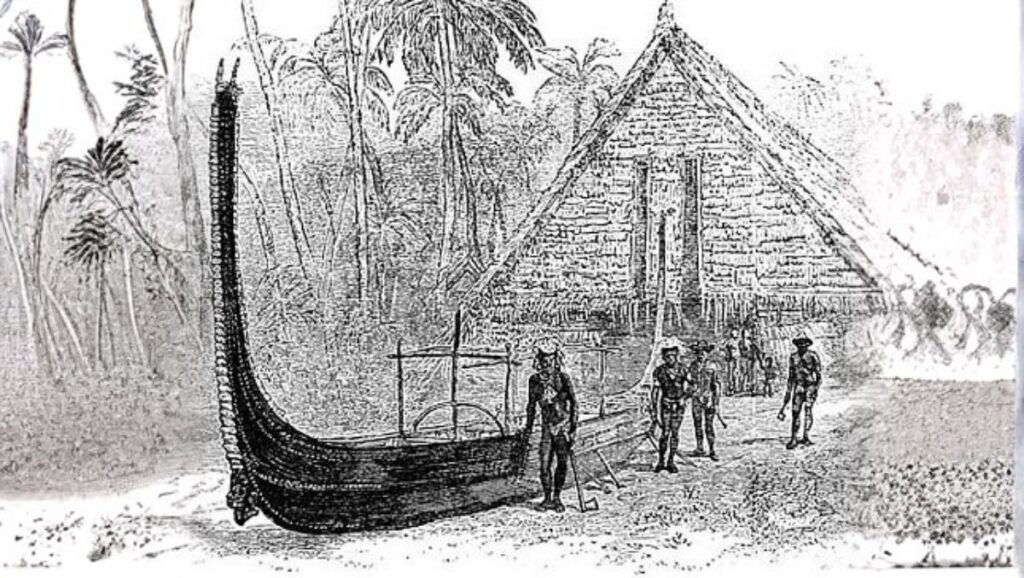 Solomon Islanders with a traditional outrigger canoe, symbolizing the ancient Lapita voyagers.