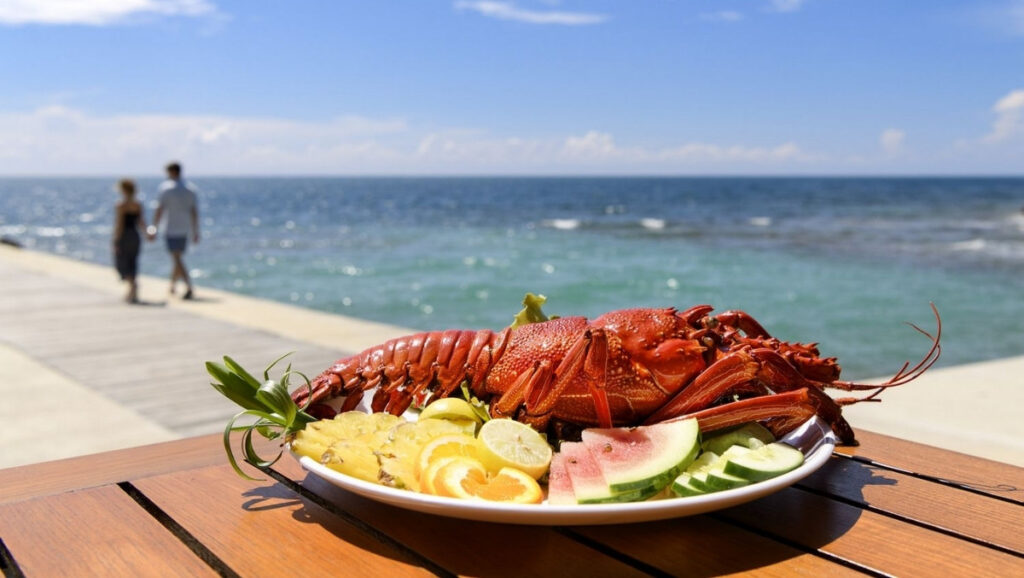 Fresh lobster served with tropical fruits by the Solomon Islands coast, showcasing Pacific seafood