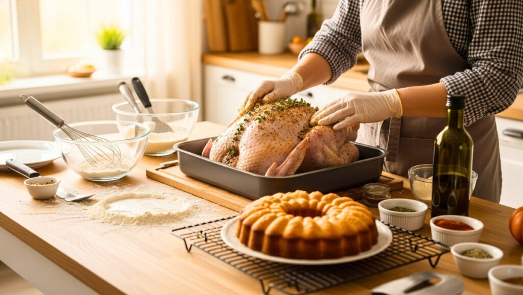 169 63 - thanksgiving Person seasoning a raw Thanksgiving turkey in a bright kitchen surrounded by baking tools, spices, and freshly made treats.
