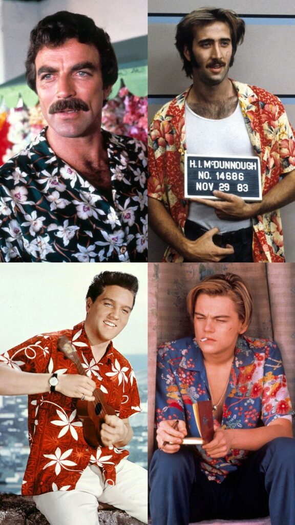 5851d7de57c4d9dfdb0a2349804ec162 Collage of celebrities from different decades wearing brightly patterned Aloha shirts, reflecting their role in popularizing the style.
