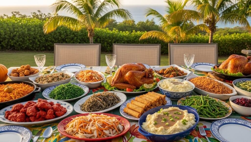 Large outdoor table filled with turkey, island dishes, sides, and desserts set in a tropical backyard with palm trees.