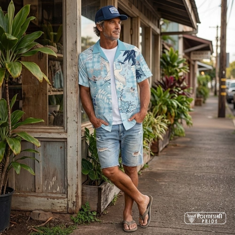 Blue Palaka Crane and Flowers Hawaiian Shirt Japan Heritage Spirit LT9 Blue Palaka Crane and Flowers Hawaiian Shirt Japan Heritage Spirit LT9