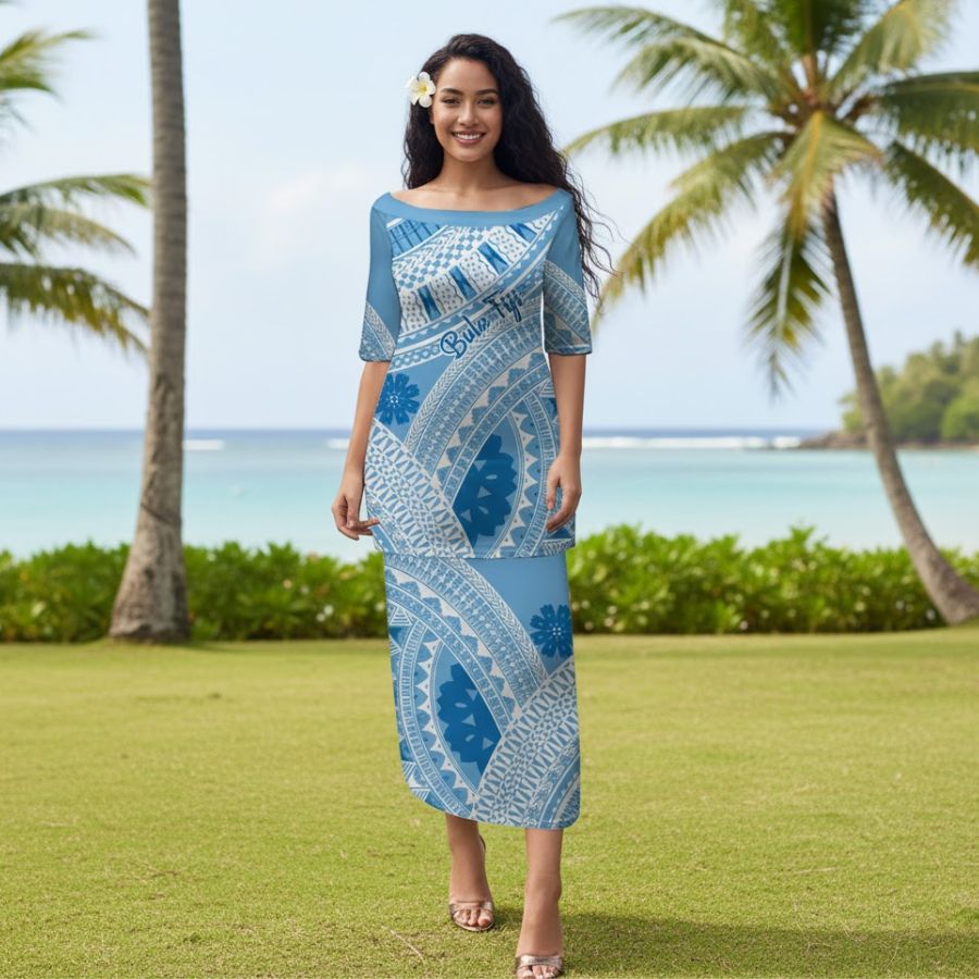 Bula Fiji Classic Masi Tapa Puletasi Turquoise - What to Wear in Fiji Bula Fiji Classic Masi Tapa Puletasi Turquoise - What to Wear in Fiji
