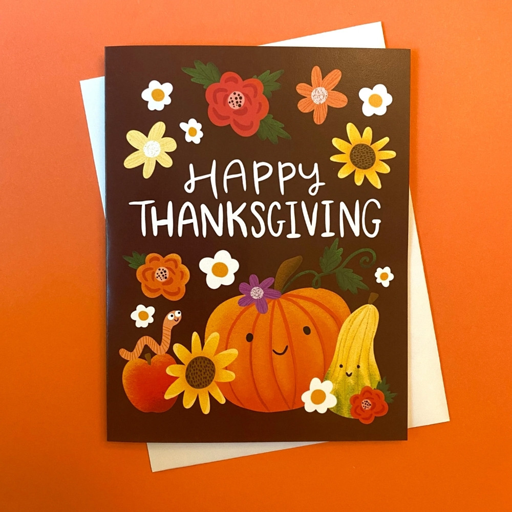 Collection 22 - thanksgiving Thanksgiving greeting card with cheerful pumpkins, flowers, and bright fall colors, symbolizing gratitude and seasonal warmth.