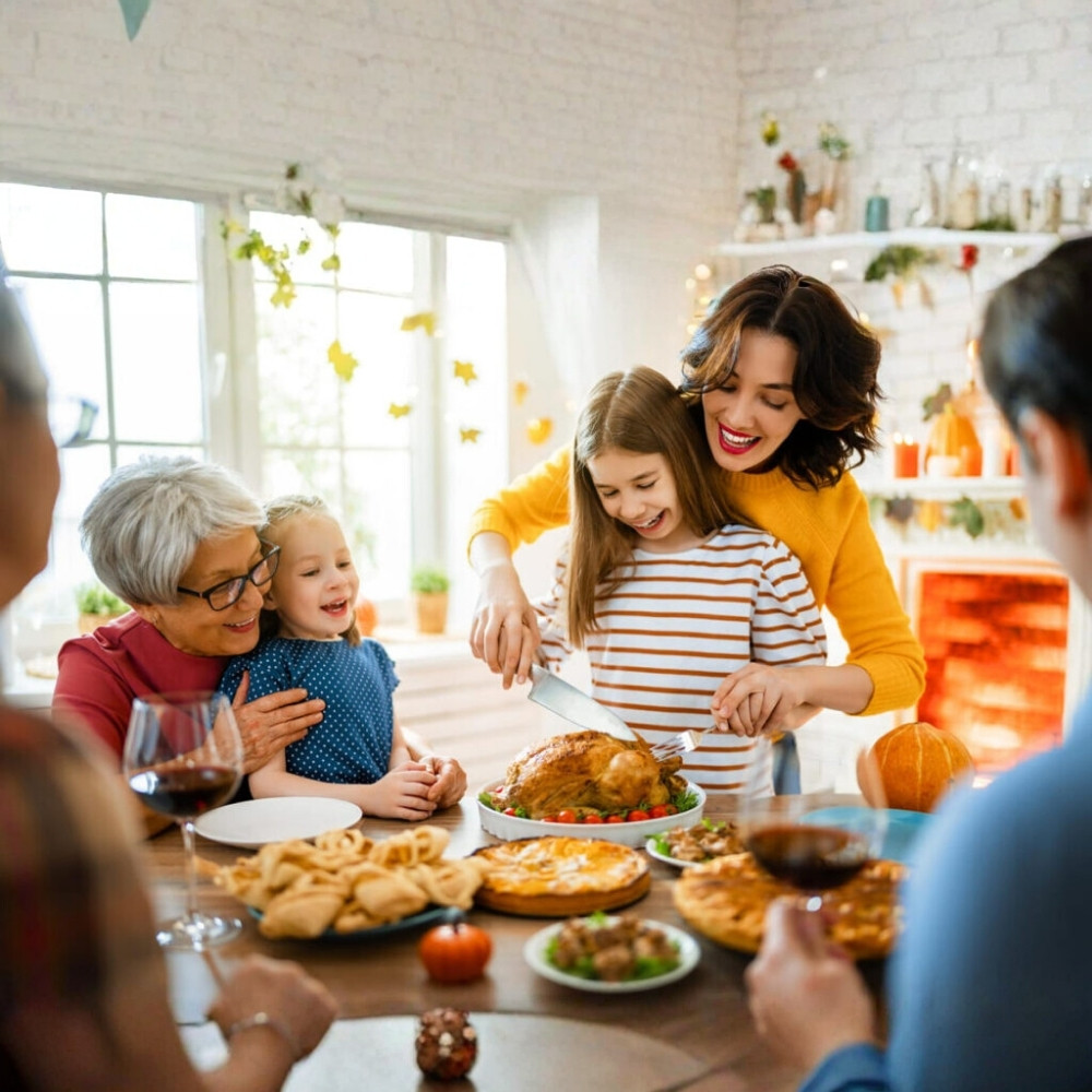 Collection 24 - thanksgiving Family gathered around a Thanksgiving meal, carving turkey and sharing warm moments.
