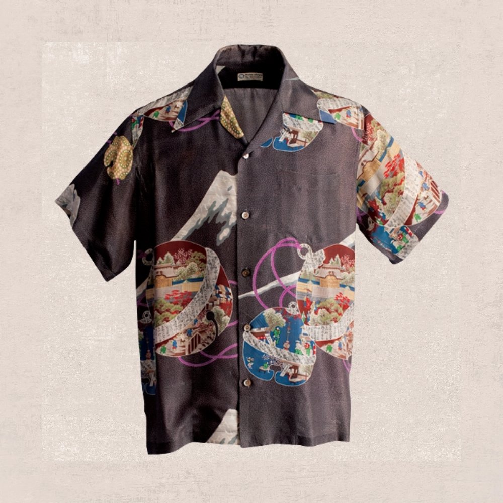 Collection 29 Vintage Musashiya Aloha shirt from Honolulu, early 1900s, featuring bold island-style prints and Japanese artisan roots.