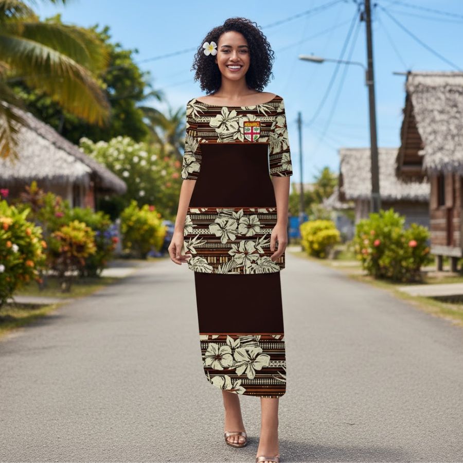 Fiji Tapa Hibiscus Brown Puletasi Dress - What to Wear in Fiji Fiji Tapa Hibiscus Brown Puletasi Dress - What to Wear in Fiji