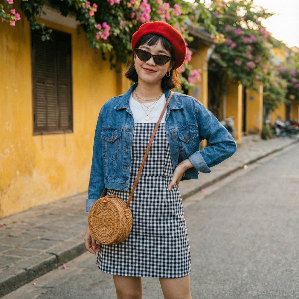 Woman wearing a gingham dress, denim jacket, red beret, sunglasses, and a round rattan bag on a street lined with yellow buildings.