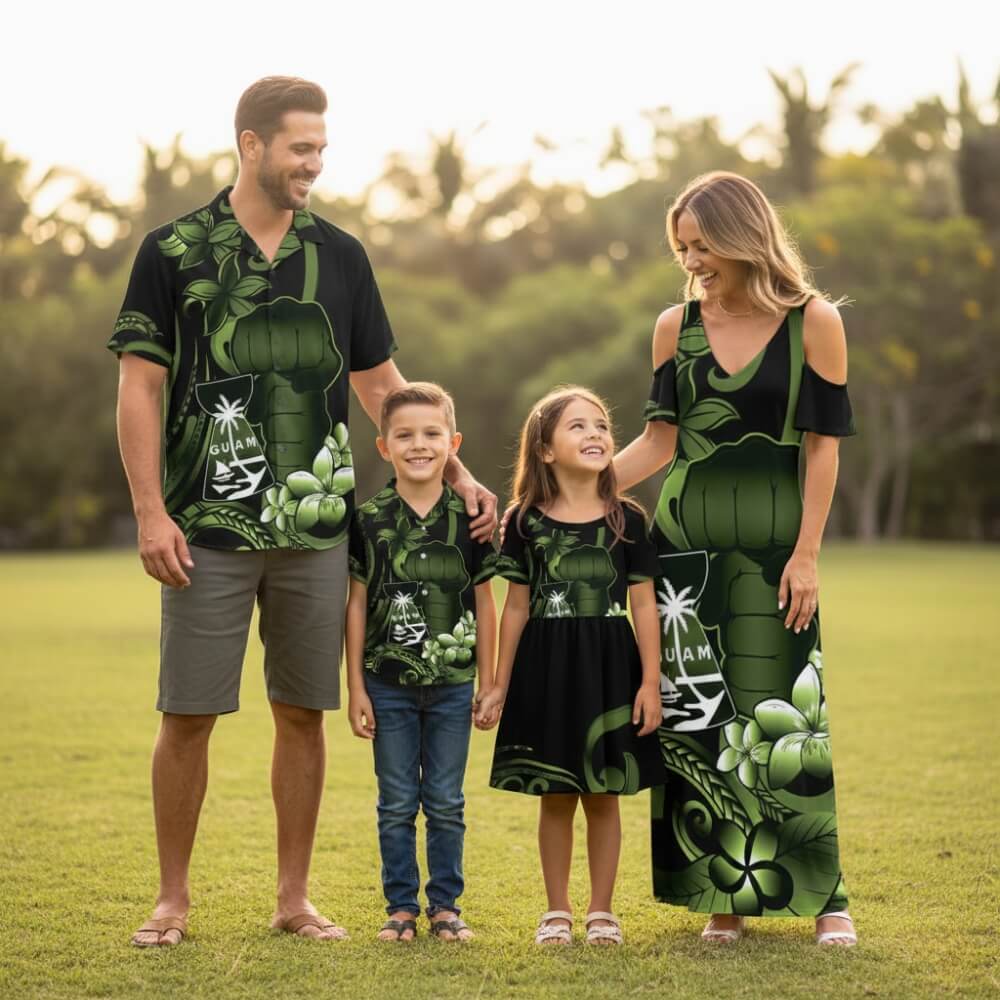Green Hafa Adai Guam Family Matching Summer Maxi Dress and Hawaiian Shirt Chamorro Latte Stone Hand With Plumeria LT14