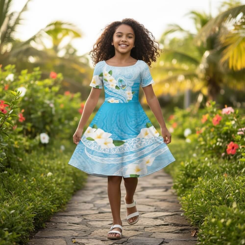 Guam Chamorro Guasali Flowers Kid Short Sleeve Dress Aqua Gradient LT7