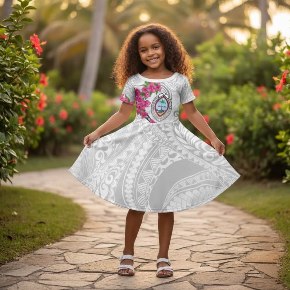 Guam Chamorro Kid Short Sleeve Dress Curves Polynesian Tattoo Mix Bougainvillea LT05