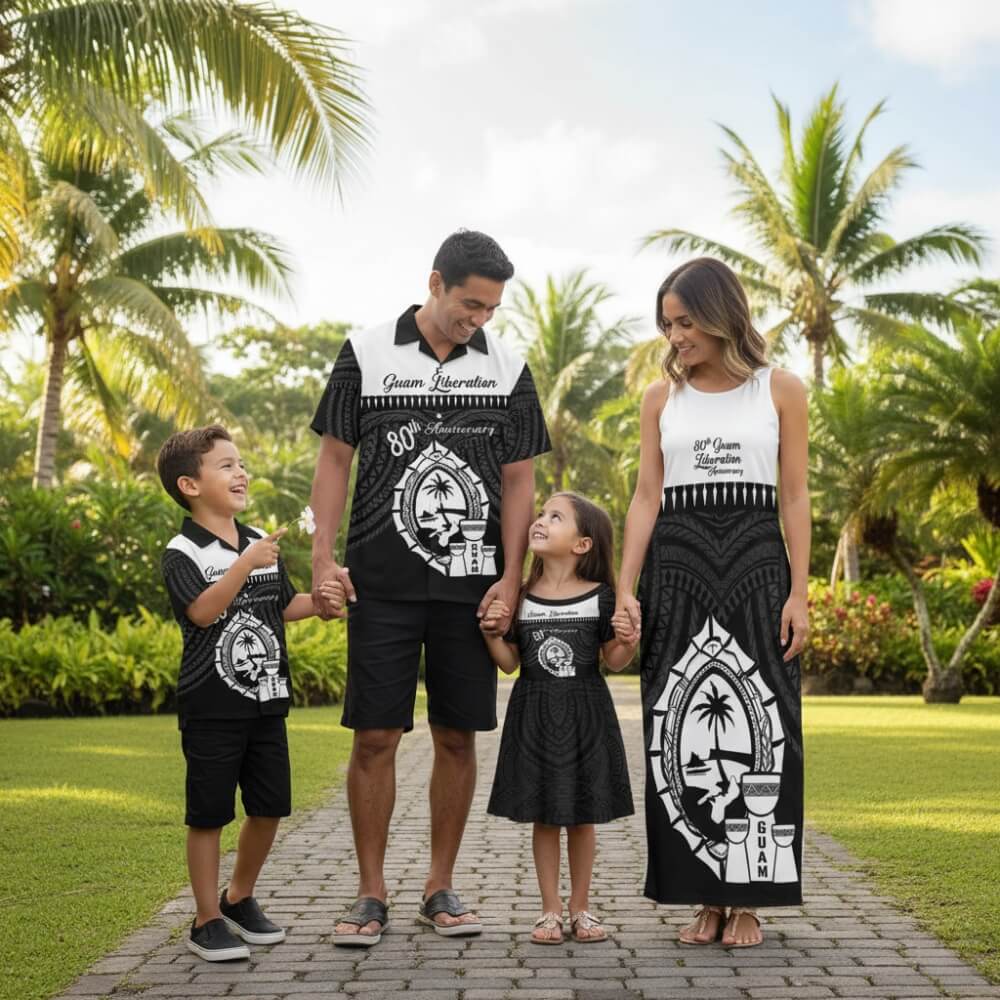 Guam Liberation Day Family Matching Tank Maxi Dress and Hawaiian Shirt Biba Guahan Chamorro 80th Anniversary - Black LT14