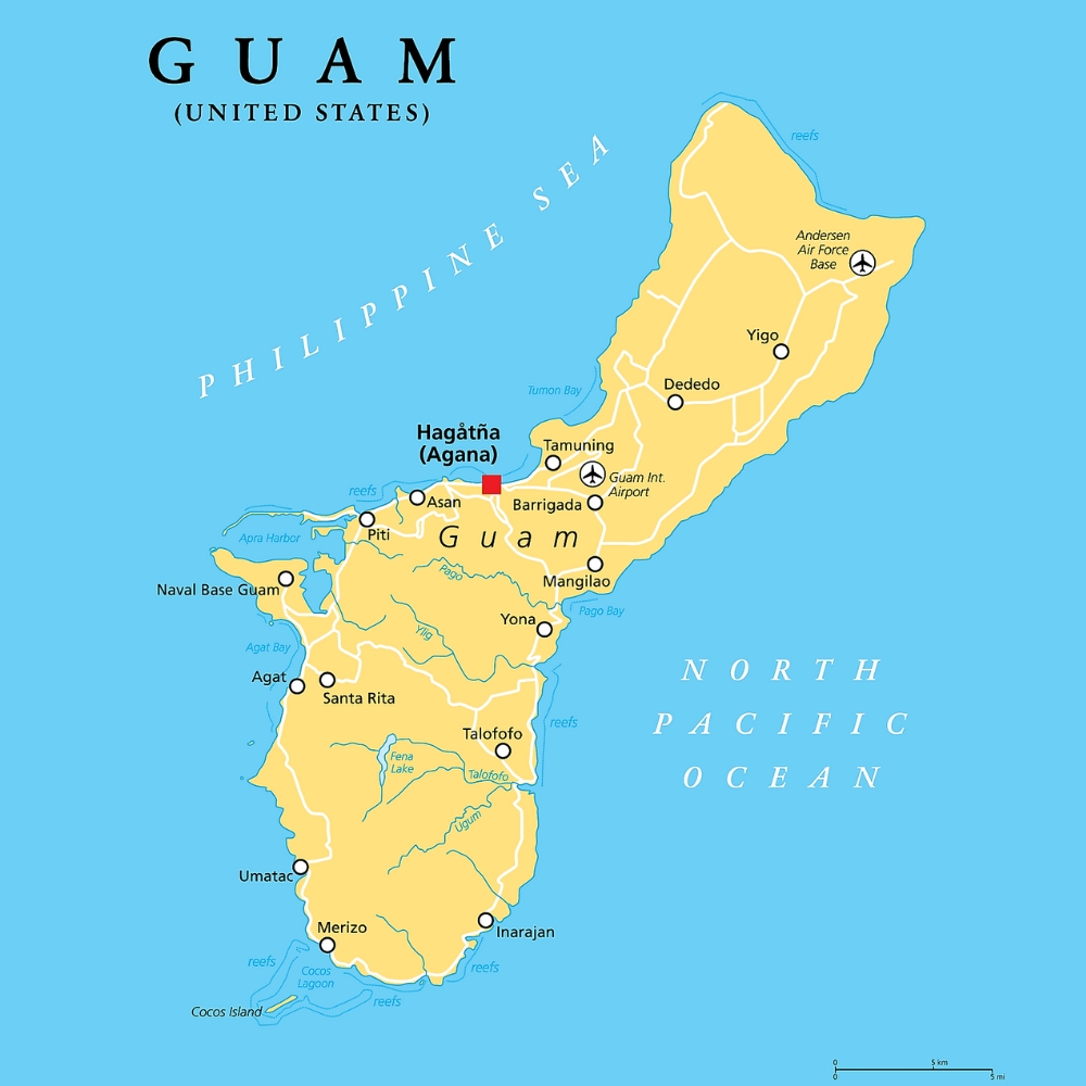 Detailed map of Guam displaying towns, roads, coastlines, and major sites across the island.