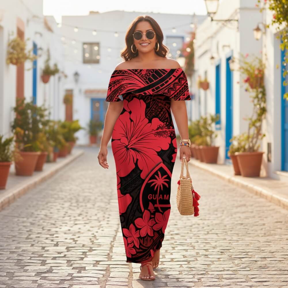 Guam Off Shoulder Long Dress Hibiscus Red Style LT6