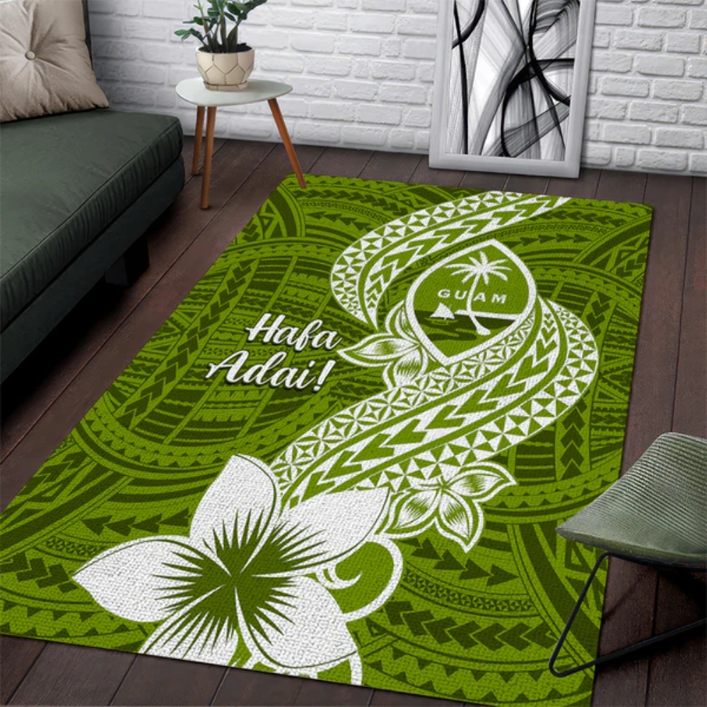 Hafa Adai Guam Area Rug Polynesian Olive Green Blue Pattern LT01