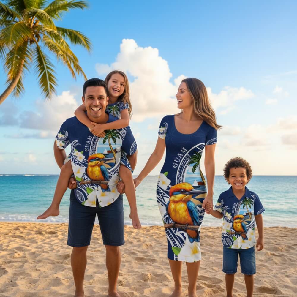 Hafa Adai Guam Family Matching Short Sleeve Bodycon Dress and Hawaiian Shirt Sihek Guam Kingfisher with Guasali LT7