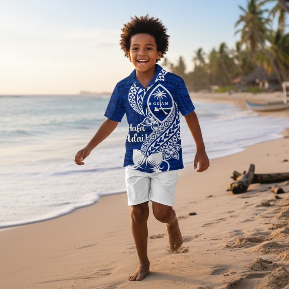 Hafa Adai Guam Kid Hawaiian Shirt Polynesian Floral Blue Pattern LT01