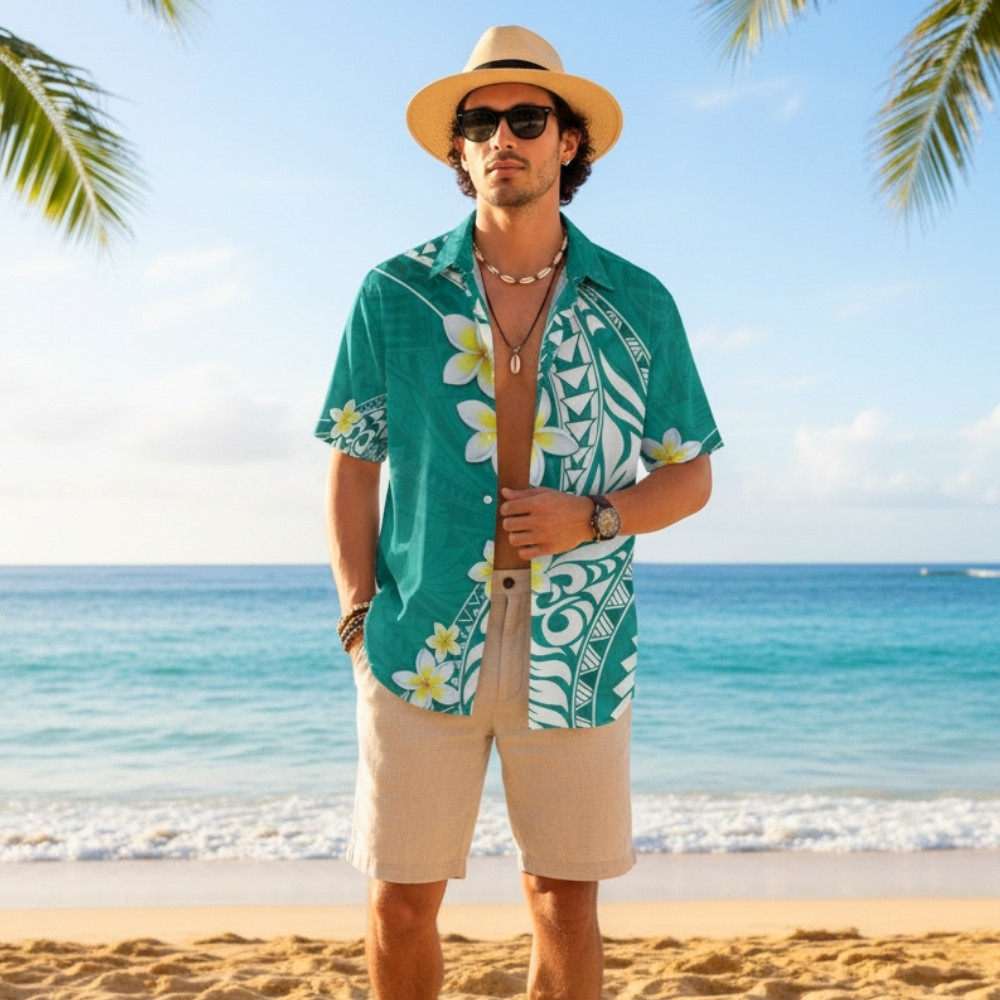 Hawaii Aloha Hawaiian Shirt Plumeria Vintage Teal LT7 Hawaii Aloha Hawaiian Shirt Plumeria Vintage - Teal LT7