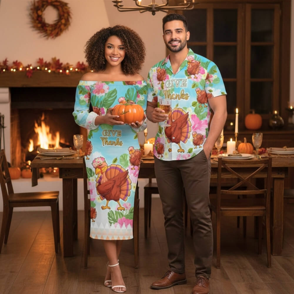 Hawaii Thanksgiving Couples Matching Off The Shoulder Long Sleeve Dress and Hawaiian Shirt Funny Turkey Dabbing Dance LT05 - thanksgiving Hawaii Thanksgiving Couples Matching Off The Shoulder Long Sleeve Dress and Hawaiian Shirt Funny Turkey Dabbing Dance LT05