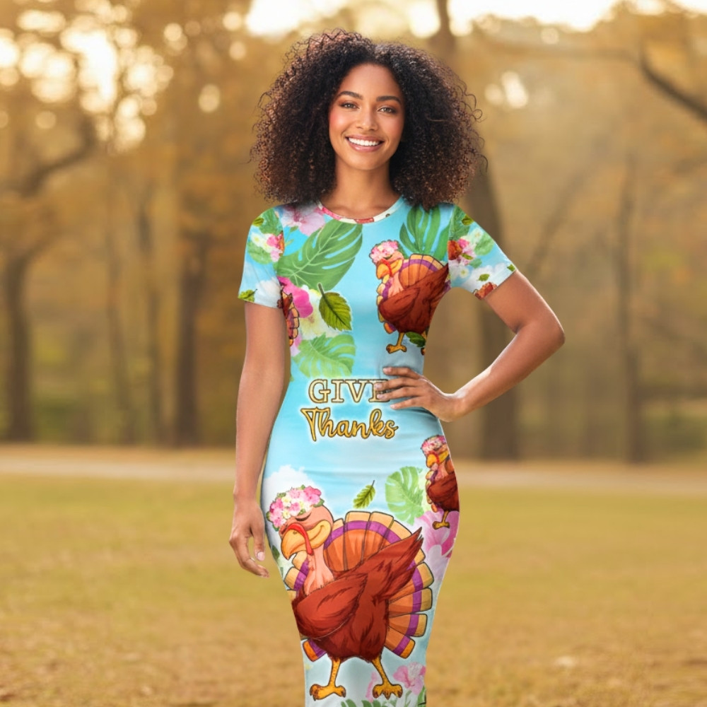 Hawaii Thanksgiving Short Sleeve Bodycon Dress Funny Turkey Dabbing Dance LT05 - thanksgiving Hawaii Thanksgiving Short Sleeve Bodycon Dress Funny Turkey Dabbing Dance LT05