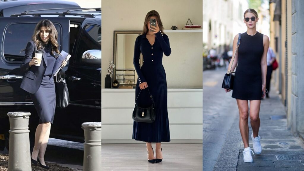 Three women wearing different sheath dresses styled for work, weddings and casual outings, showing ways to accessorize a classic sheath dress