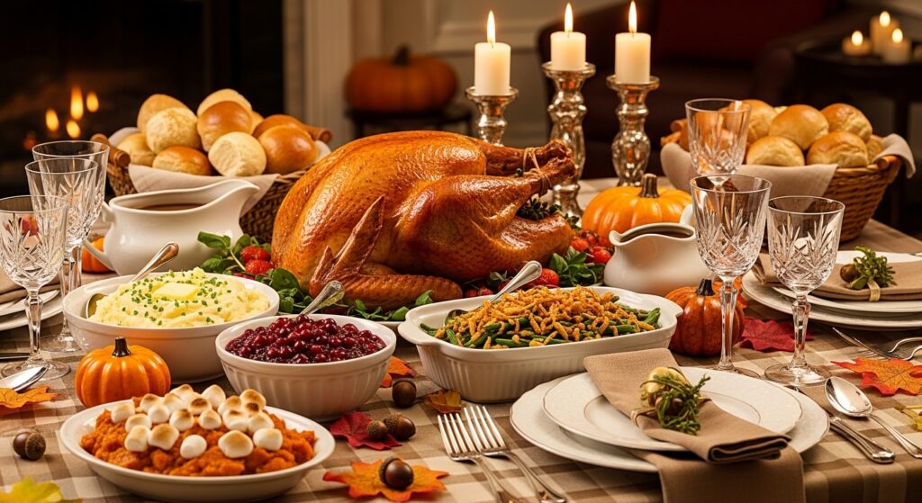 Image fx 76 - thanksgiving Thanksgiving feast with a golden roasted turkey surrounded by classic sides like mashed potatoes, cranberries, and casseroles.