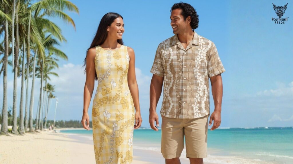 A couple wearing modern palaka outfit