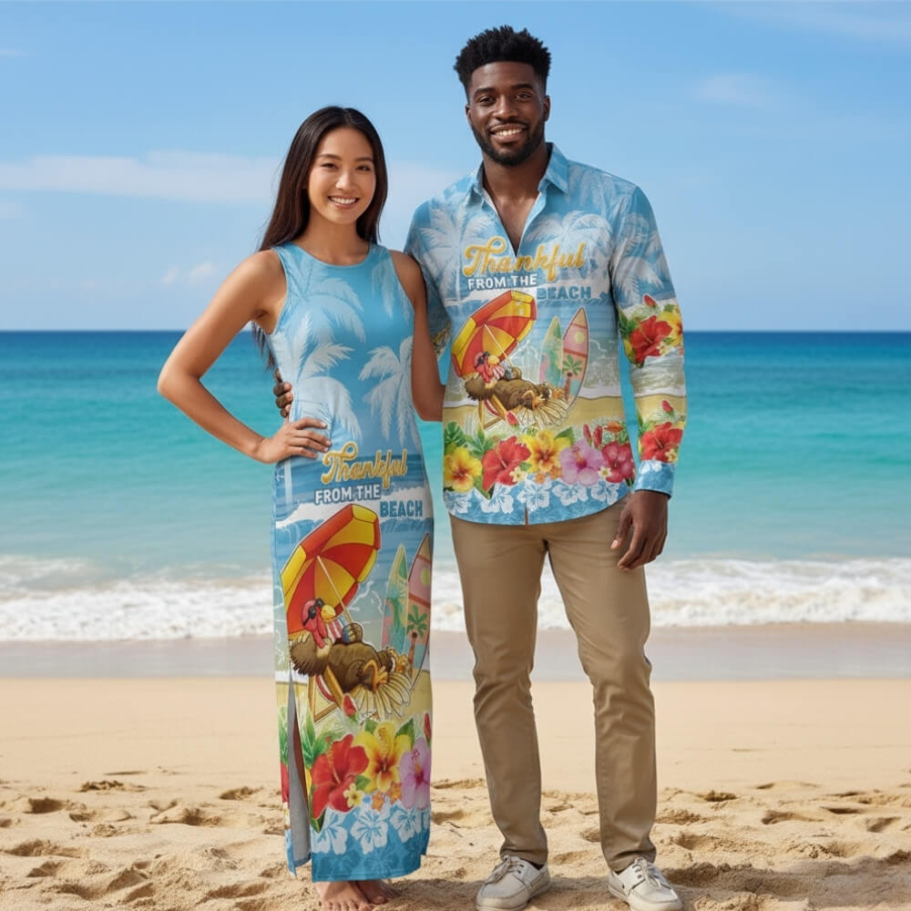 Personalised Hawaii Funny Thanksgiving Couples Matching Tank Maxi Dress and Long Sleeve Button Shirt Thankful From The Beach LT05 - thanksgiving Personalised Hawaii Funny Thanksgivi