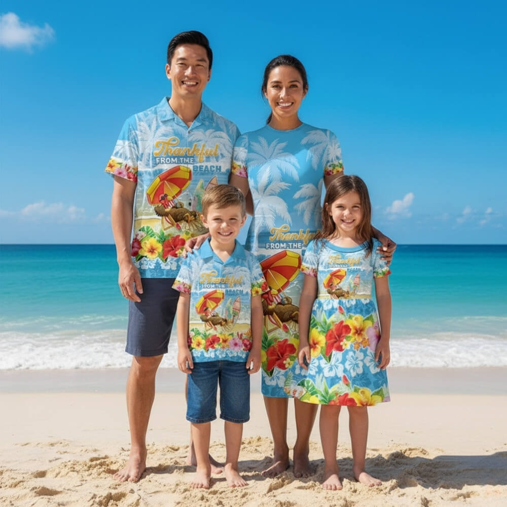 Personalised Hawaii Funny Thanksgiving Family Matching Short Sleeve Bodycon Dress and Hawaiian Shirt Thankful From The Beach LT05 - thanksgiving Personalised Hawaii Funny Thanksgiving Family Matching Short Sleeve Bodycon Dress and Hawaiian Shirt Thankful From The Beach LT05