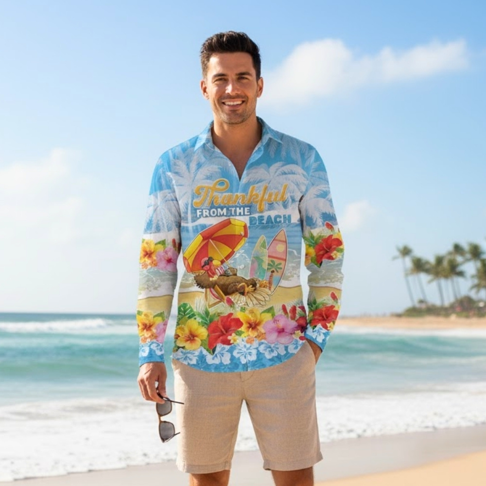 Personalised Hawaii Funny Thanksgiving Long Sleeve Button Shirt Thankful From The Beach LT05 - thanksgiving Personalised Hawaii Funny Thanksgiving Long Sleeve Button Shirt Thankful From The Beach LT05