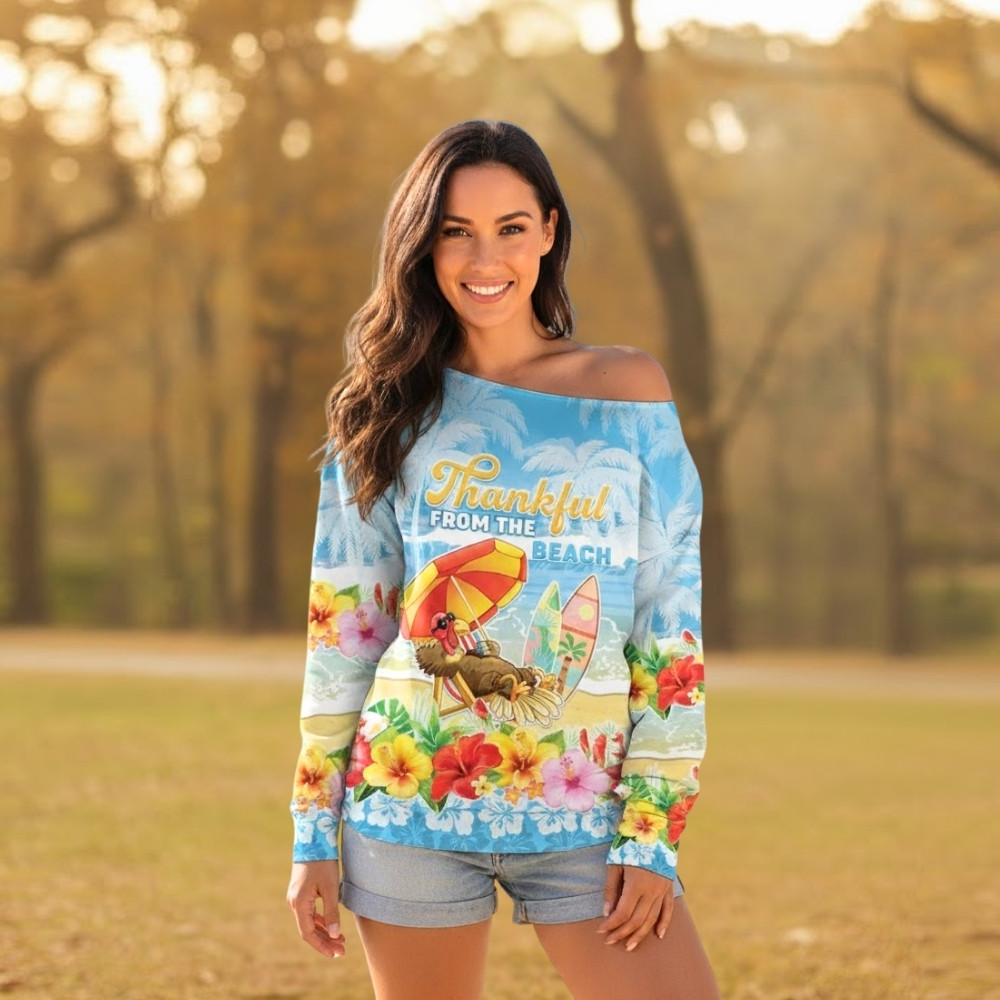 Personalised Hawaii Funny Thanksgiving Off Shoulder Sweater Thankful From The Beach LT05 - thanksgiving Personalised Hawaii Funny Thanksgiving Off Shoulder Sweater Thankful From The Beach LT05