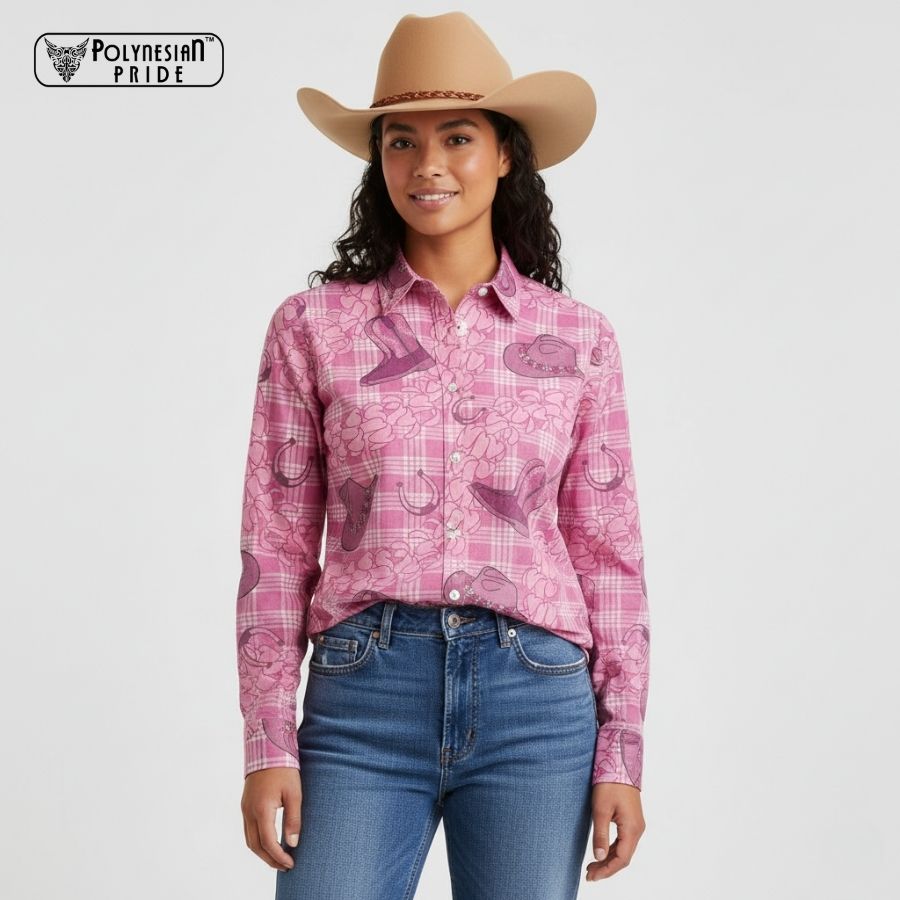 Pink Palaka Hawaii Cowboy Women Casual Shirt - palaka fabric Pink Palaka Hawaii Cowboy Women Casual Shirt - palaka fabric