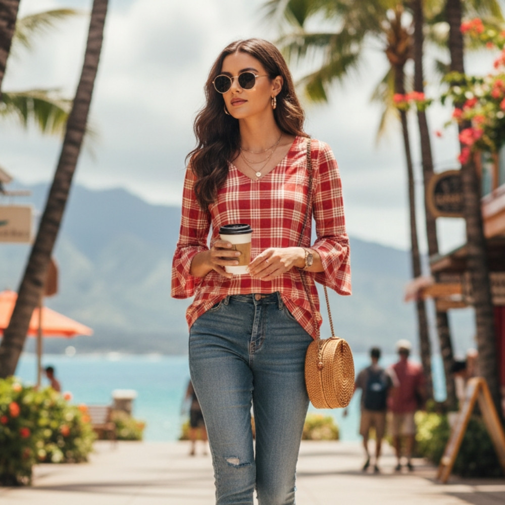 Red Japanese Palaka Pride Kimono Sleeve Blouse LT14 Red Japanese Palaka Pride Kimono Sleeve Blouse LT14