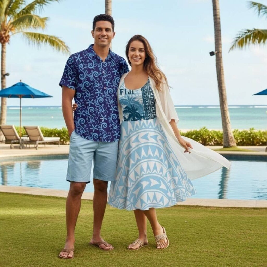 Resort outfit in fiji edited - What to Wear in Fiji A tourist couple is enjoying the atmosphere at a beautiful resort in Fiji.