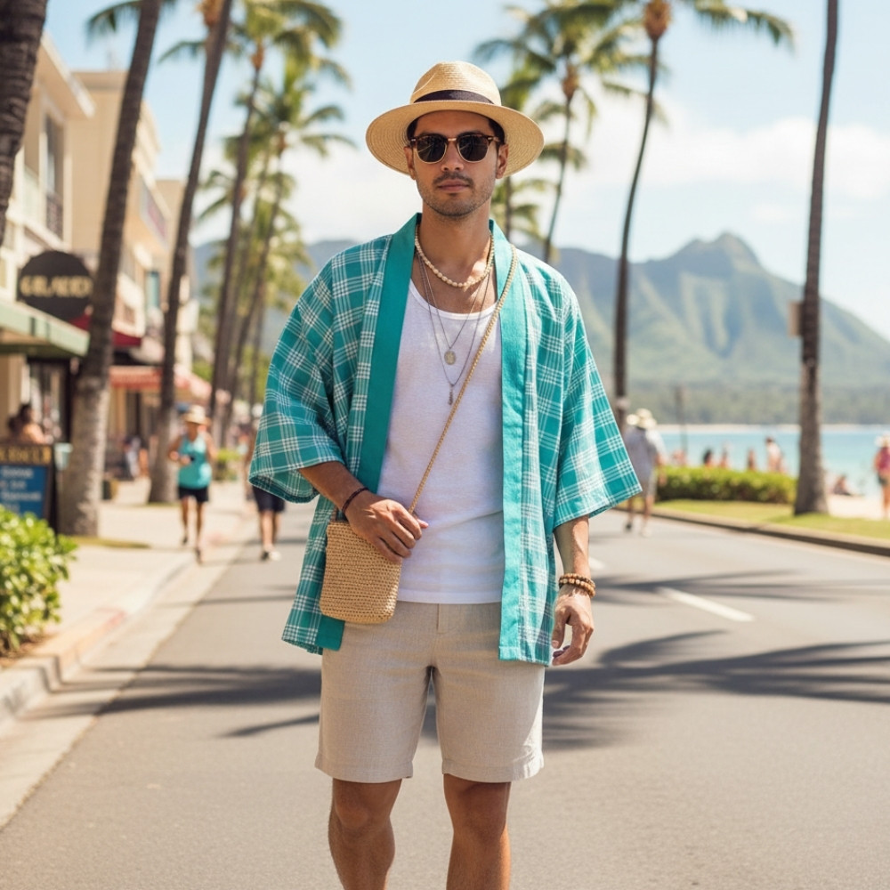 Turquoise Japanese Palaka Pride Kimono LT14 1 Turquoise Japanese Palaka Pride Kimono LT14