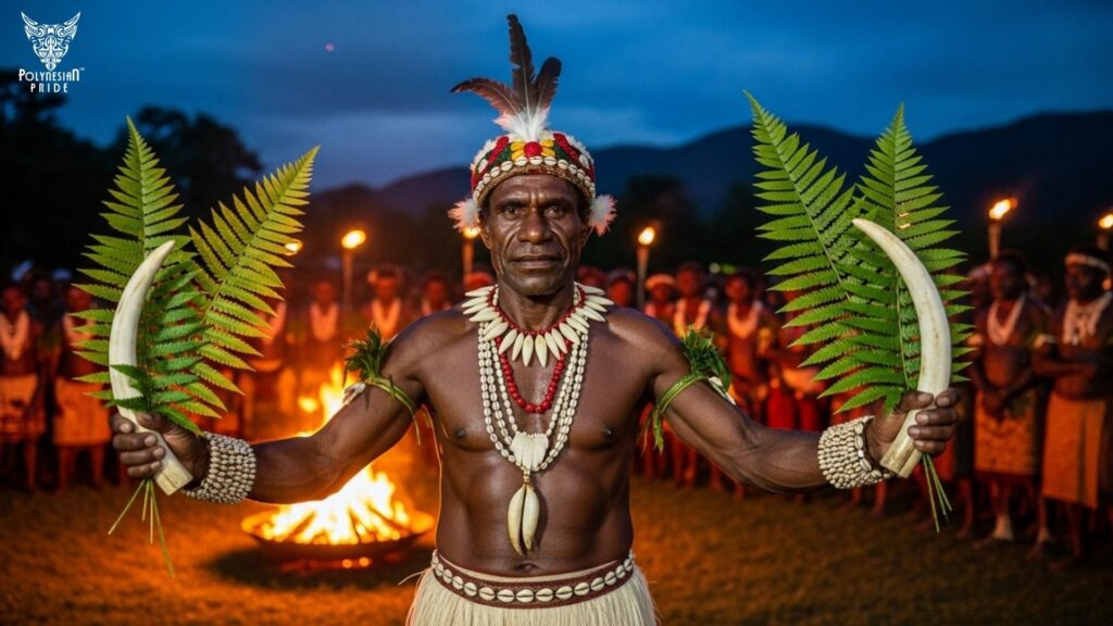 Vanuatuan chief presents a boars tusk and two namele fern leaves - vanuatu flag
