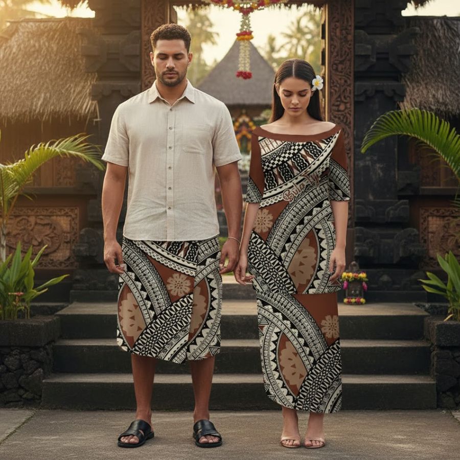 couple visits fiji temple - What to Wear in Fiji A couple wearing Fijian pattern outfit standing in front of a temple in Fiji