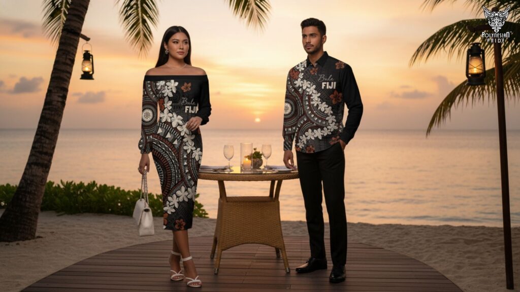 dinning outfit in fiji - What to Wear in Fiji A stylish couple enjoying an evening at a Fijian seaside resort as the sun sets in golden and coral tones